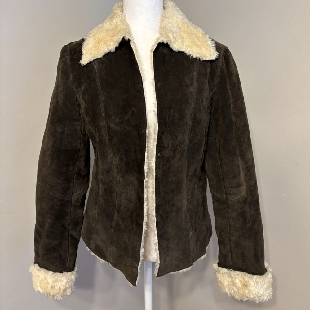 Express Brown and Cream Leather Jacket with Faux Fur Trim